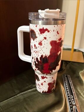 Source Unknown White Travel Tumbler withCow print and White Handle